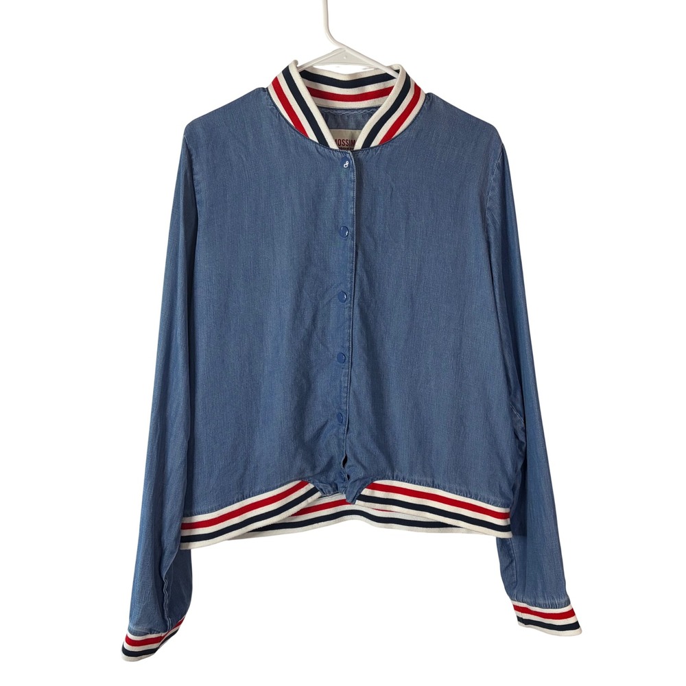 Mossimo Supply Co Womens XXL Blue Lyocell Denim Bomber Jacket Varsity Striped